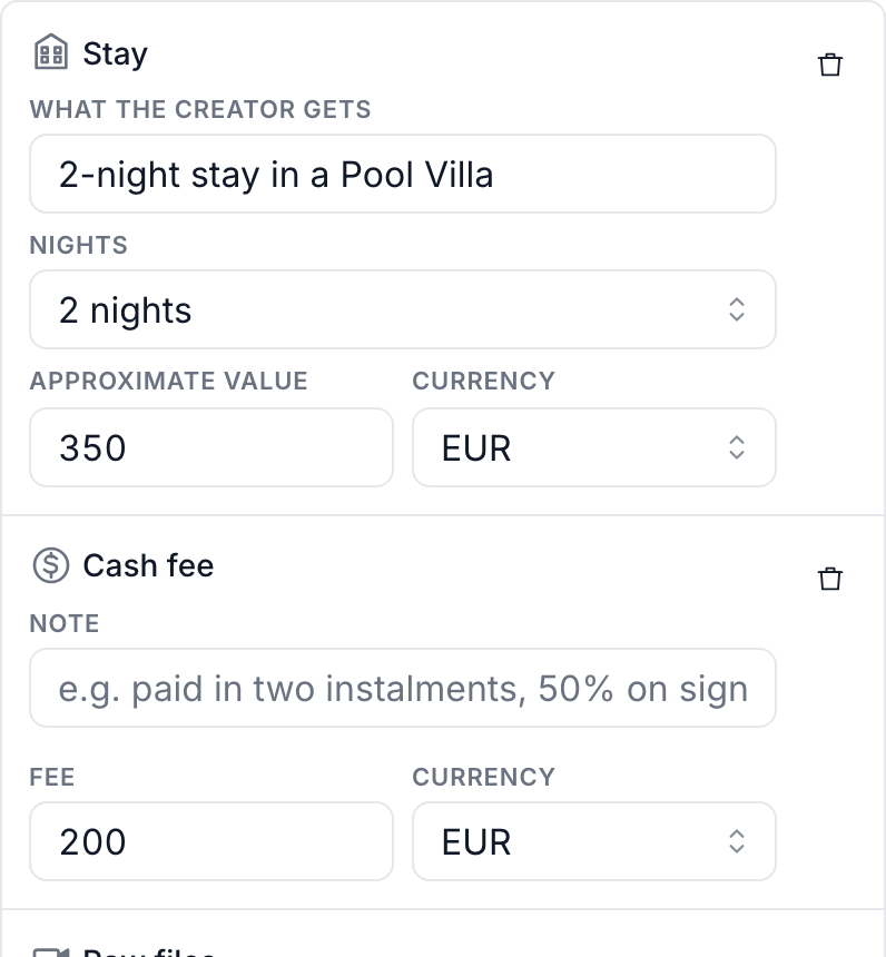 A collab’s compensation being written — a two-night stay valued at €350, plus a €200 cash fee.