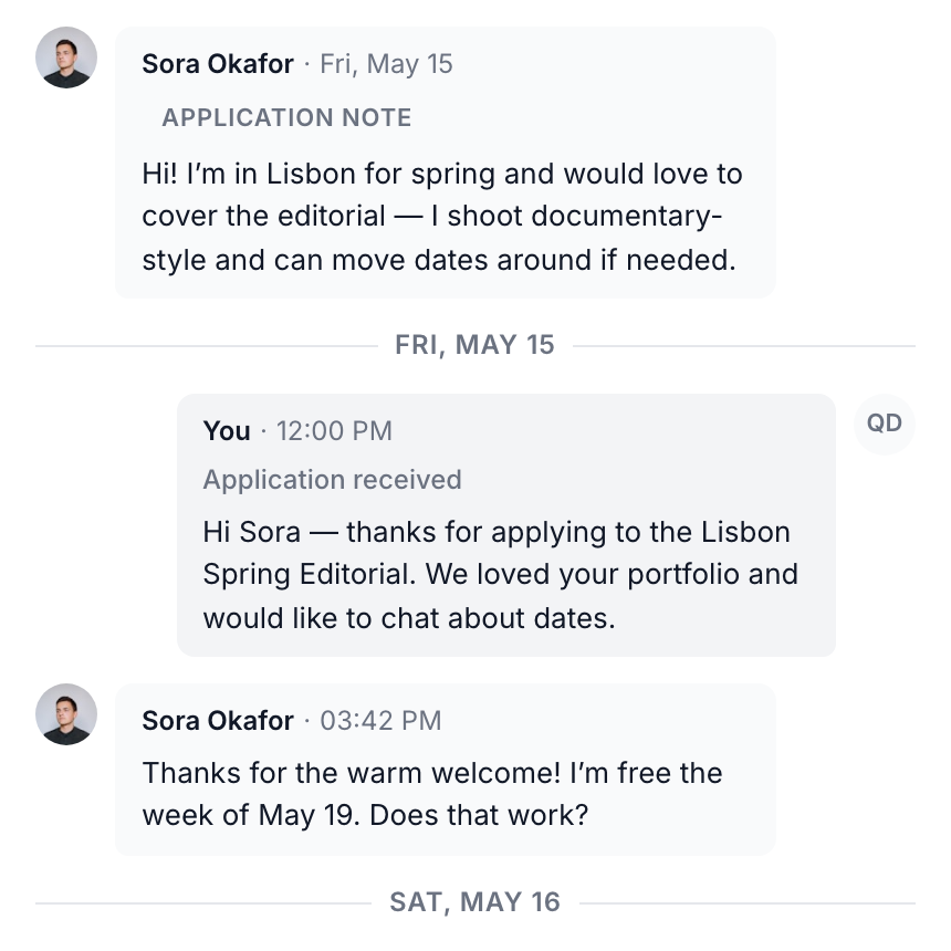 An application thread where the brand has replied and the creator has answered back.